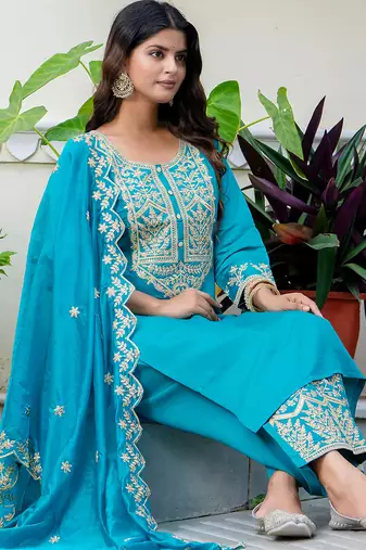 blue fancy silk blend kurta set