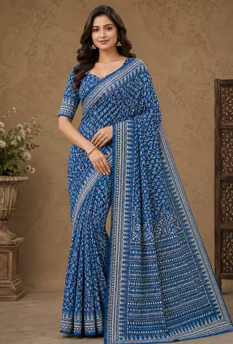 teal hand with katdana and real mirror georgette saree