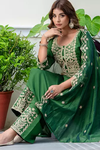 green fancy silk blend kurta set