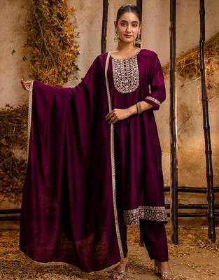 purple fancy silk blend kurta set 1