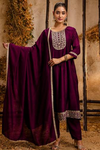 purple fancy silk blend kurta set