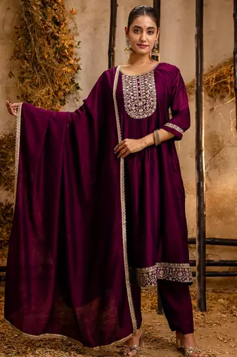 purple fancy silk blend kurta set