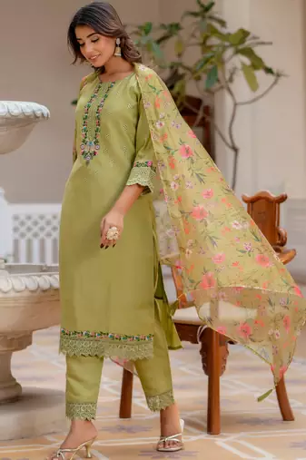 Mehndi green viscose roman silk designer festive wear readymade suit