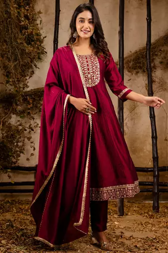 maroon fancy silk blend kurta set