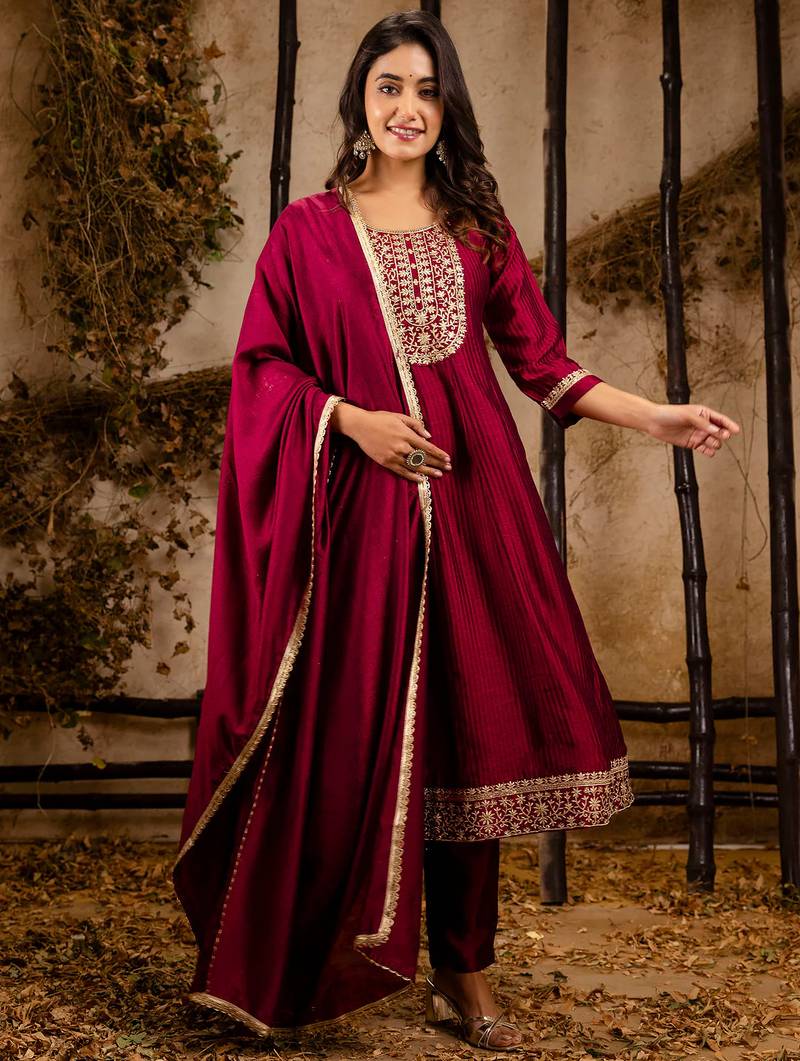 maroon fancy silk blend kurta set