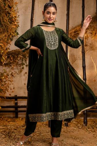 green fancy silk blend kurta set