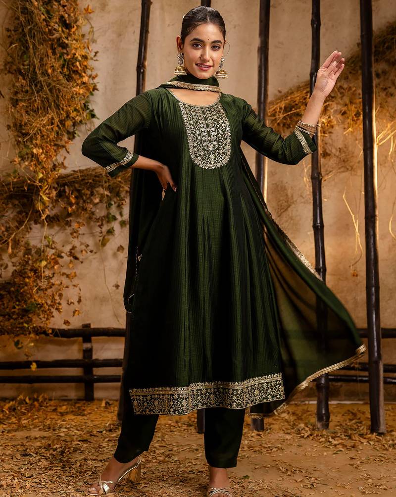 green fancy silk blend kurta set