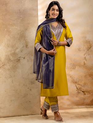 Lemon yellow viscose rayon designer festive wear readymade suit 2