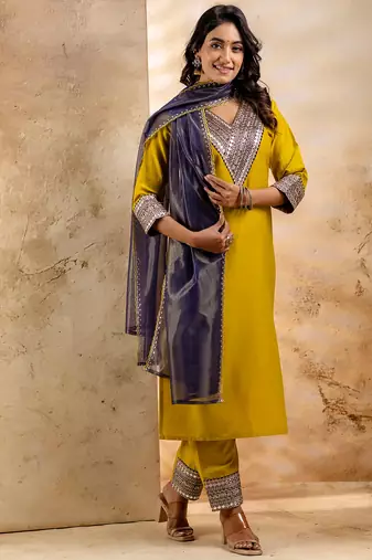Lemon yellow viscose rayon designer festive wear readymade suit