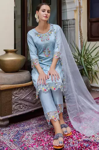 sky-blue fancy viscose rayon kurta set