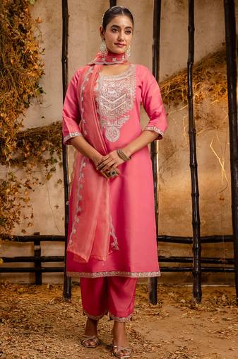 peach fancy silk blend kurta set