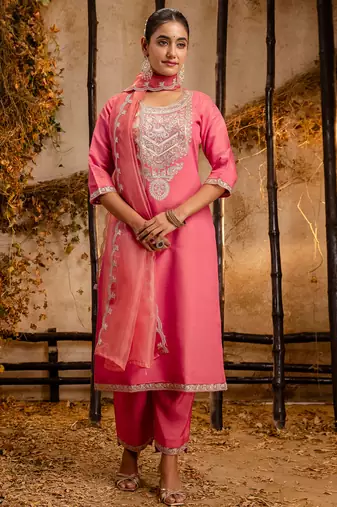 peach fancy silk blend kurta set