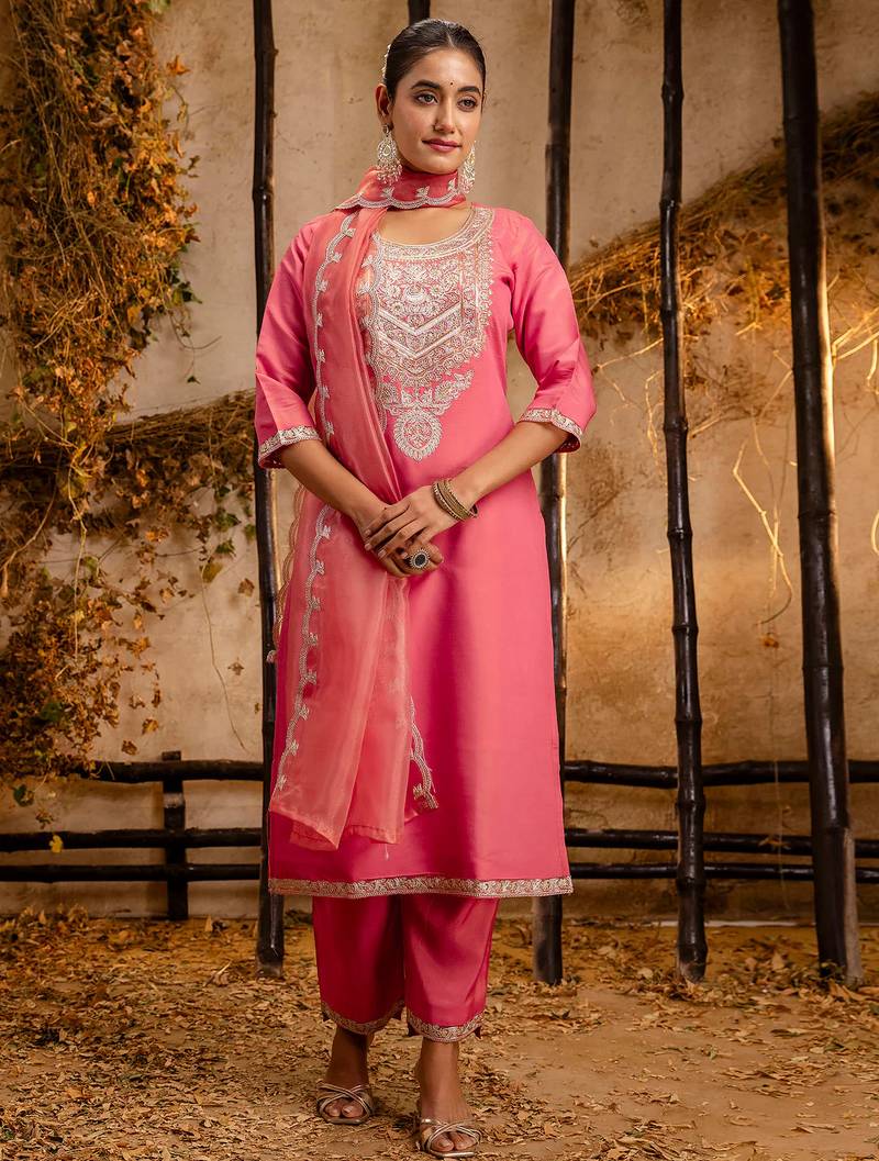 peach fancy silk blend kurta set
