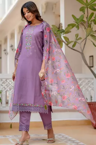 Lavender viscose roman silk designer festive wear readymade suit