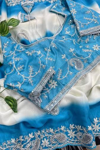 Blue Color  embroidery sequence work georgette Saree