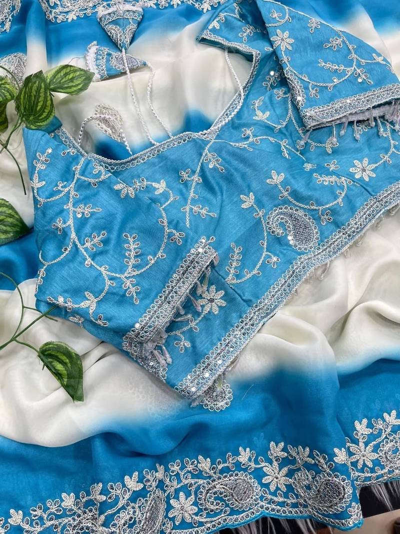 Blue Color  embroidery sequence work georgette Saree