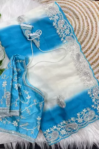 Blue Color  embroidery sequence work georgette Saree