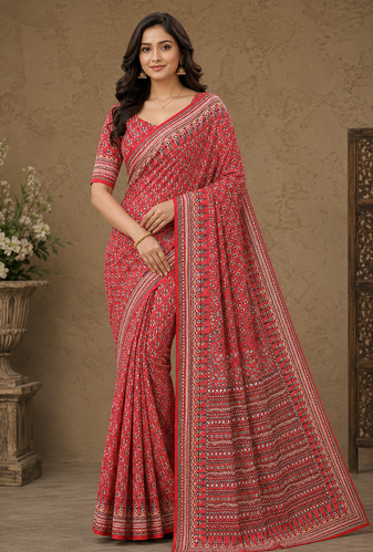 red hand with katdana and real mirror georgette saree