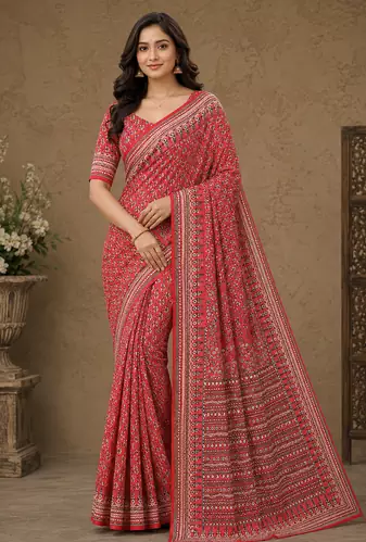 red hand with katdana and real mirror georgette saree