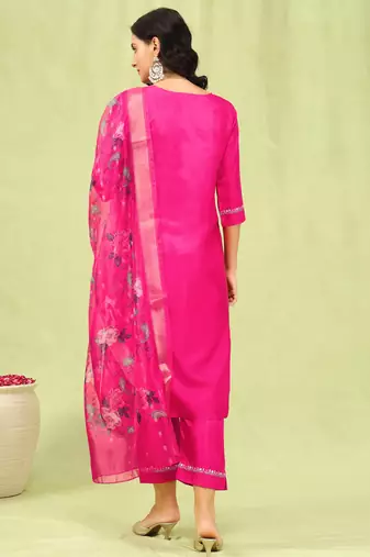 rani-pink fancy silk blend kurta set