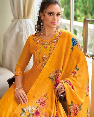 Yellow vichitra silk designer festive wear readymade suit 3