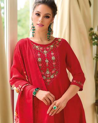 Red vichitra silk designer festive wear readymade suit 3