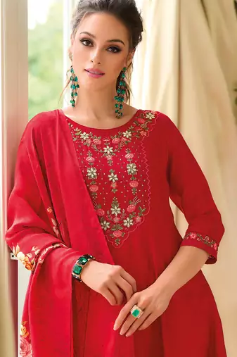 Red vichitra silk designer festive wear readymade suit
