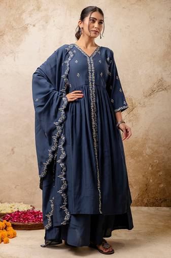 teal fancy silk blend kurta set