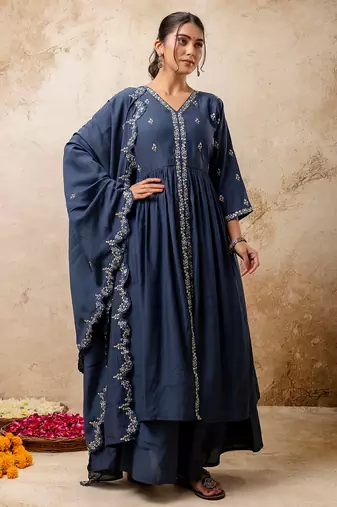 teal fancy silk blend kurta set