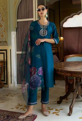 teal fancy cotton silk kurta set 2