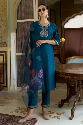 teal fancy cotton silk kurta set