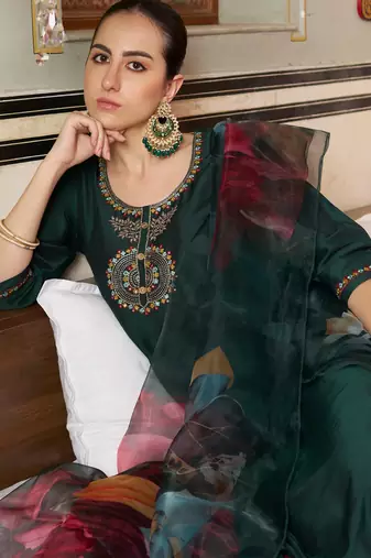 green fancy cotton silk kurta set