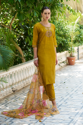 mustard fancy cotton silk kurta set 2