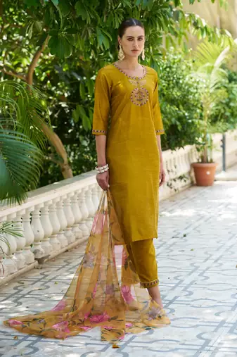 mustard fancy cotton silk kurta set