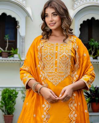 Mustard silk blend designer festive wear readymade suit 4