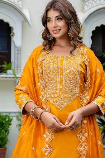 Mustard silk blend designer festive wear readymade suit