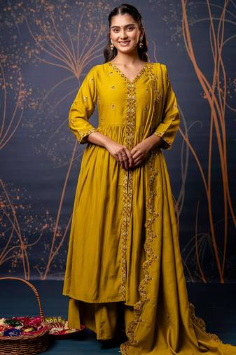 mustard fancy silk blend kurta set