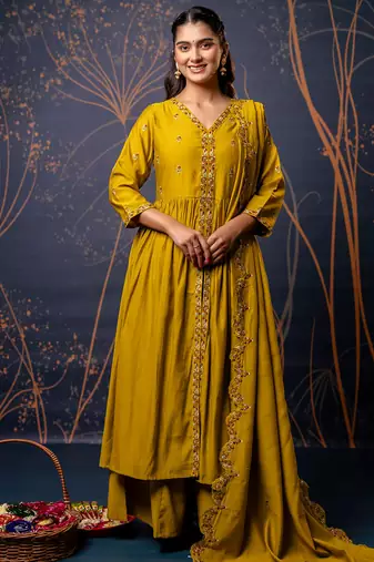 mustard fancy silk blend kurta set