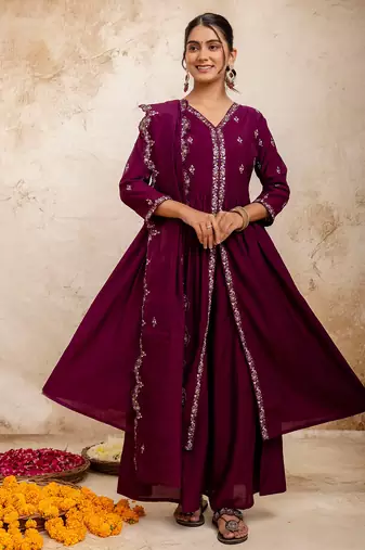 purple fancy silk blend kurta set