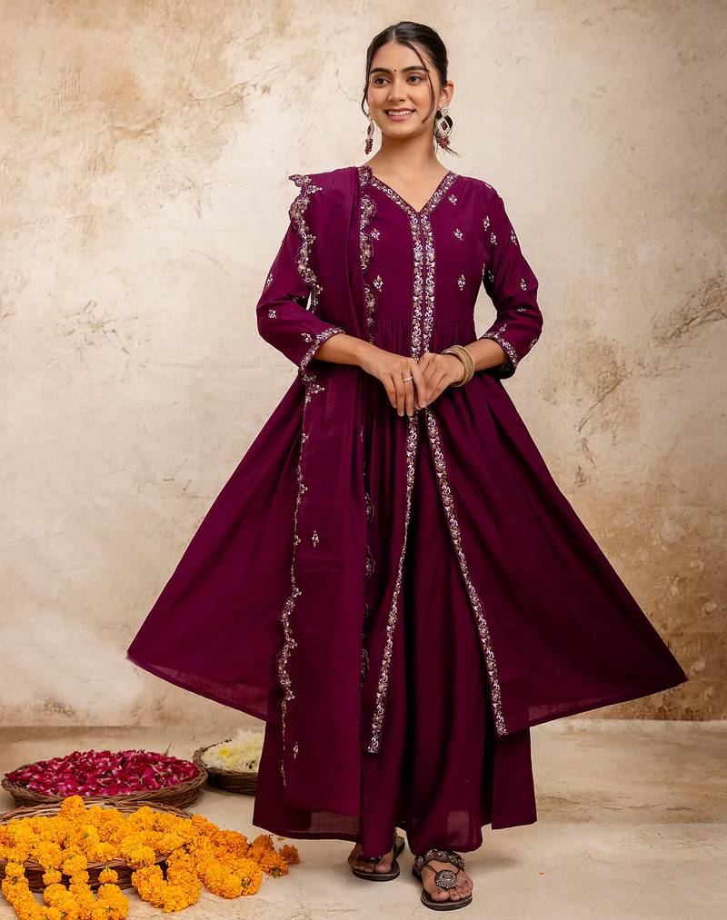purple fancy silk blend kurta set