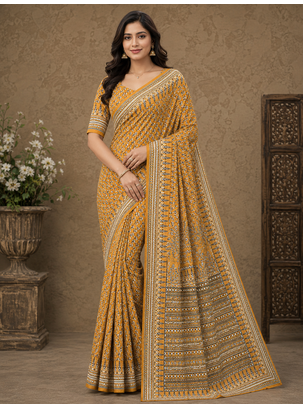 yellow hand with katdana and real mirror georgette saree 1