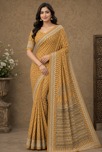 yellow hand with katdana and real mirror georgette saree