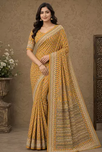 yellow hand with katdana and real mirror georgette saree