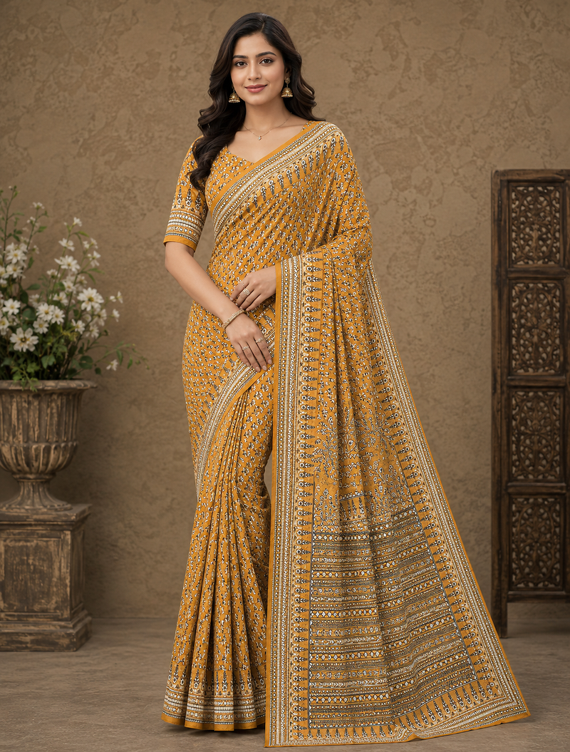 yellow hand with katdana and real mirror georgette saree