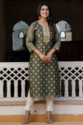 green fancy silk blend long kurti
