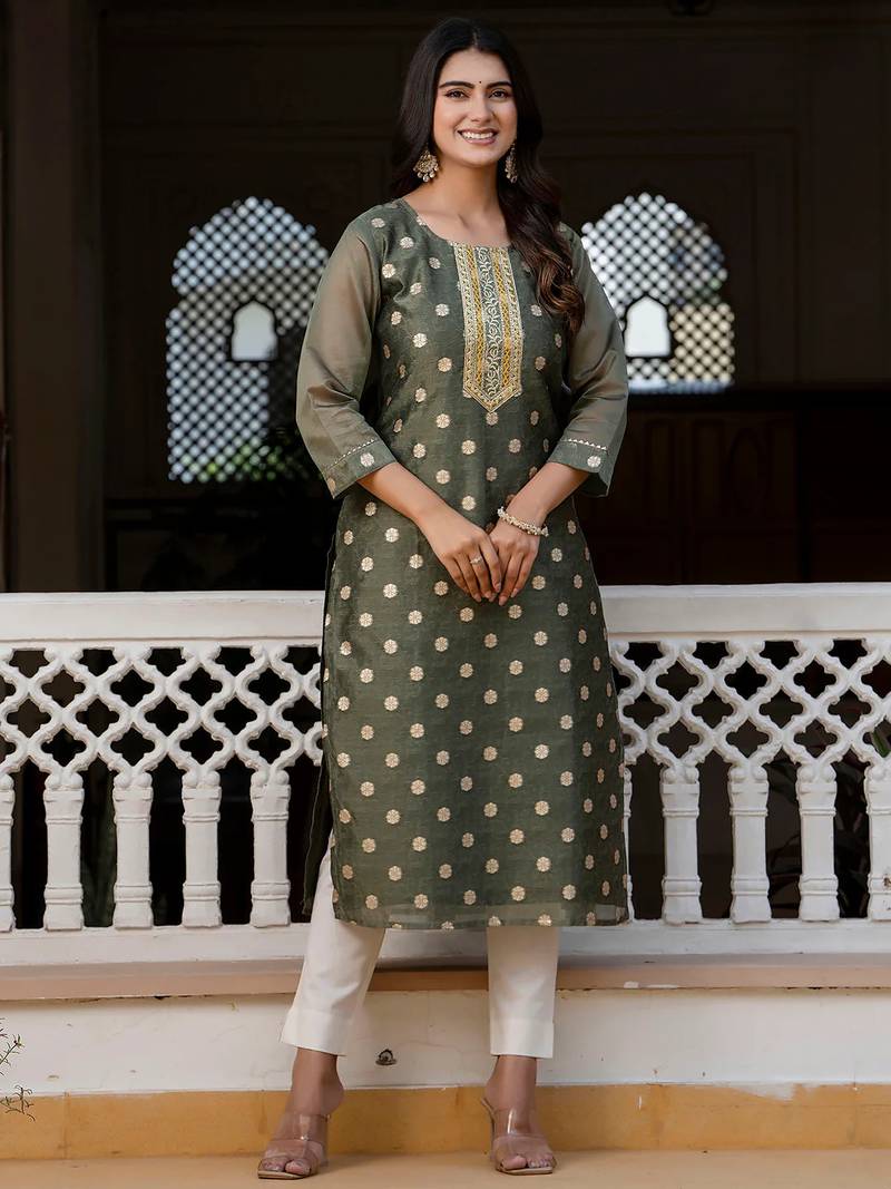 green fancy silk blend long kurti