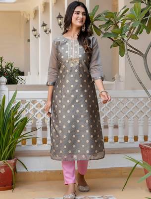 grey fancy silk blend kurta set 1