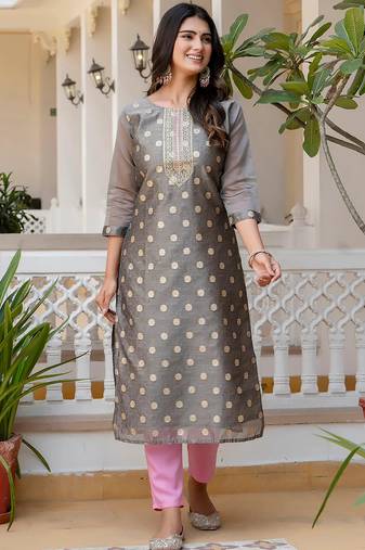 grey fancy silk blend kurta set