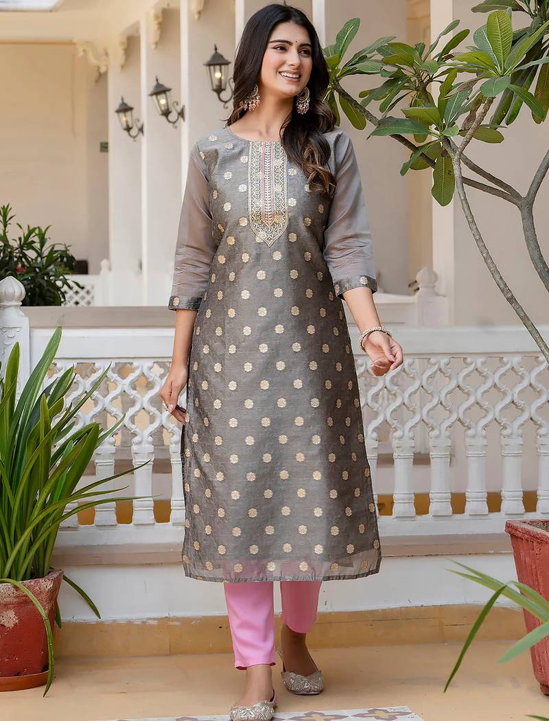 grey fancy silk blend kurta set