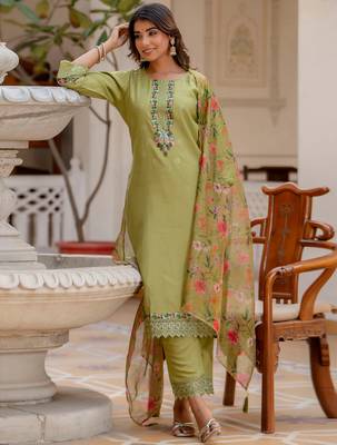 Mehndi green viscose roman silk designer festive wear readymade suit 3